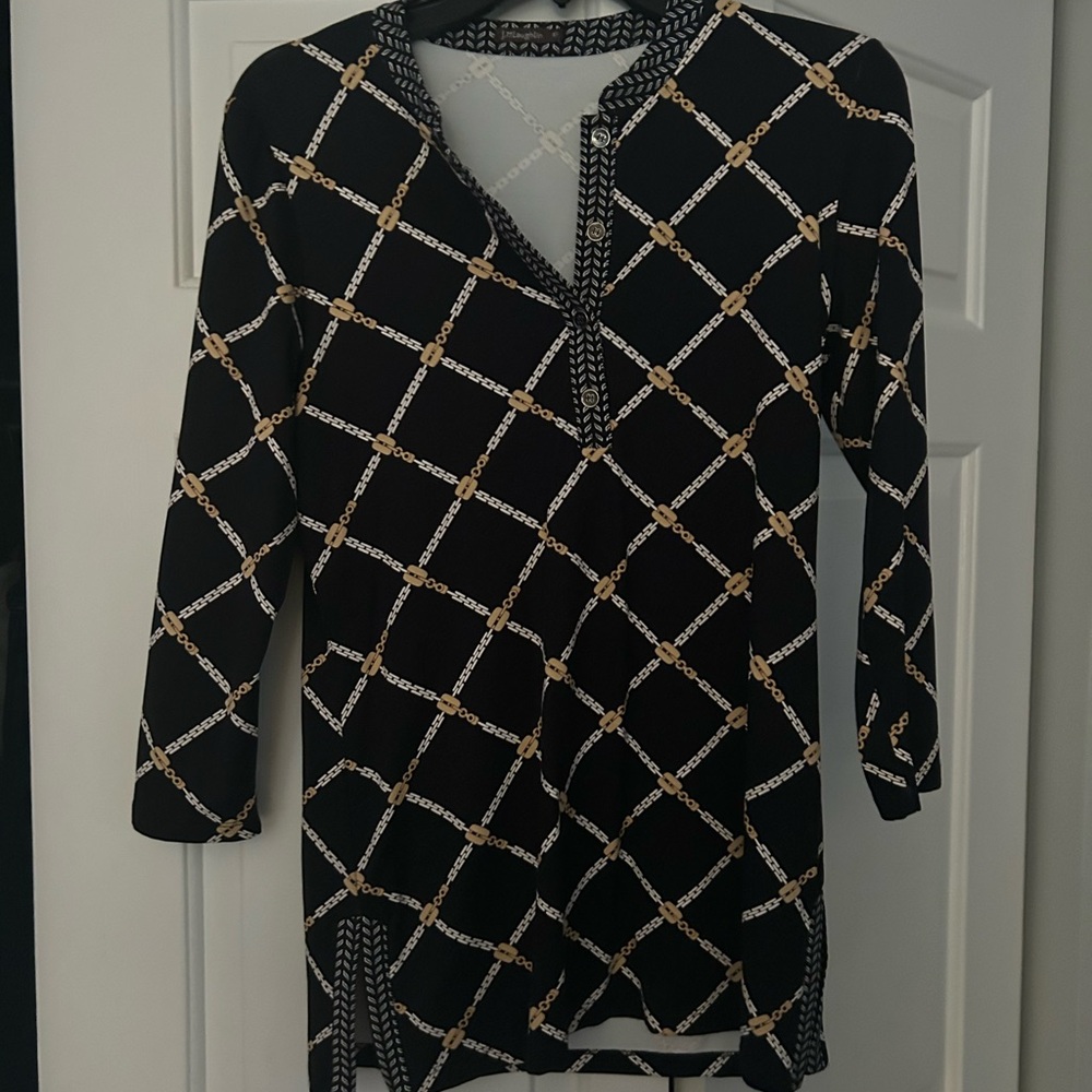 J.McLaughlin Black and Gold Chain Pattern Women's Top xs